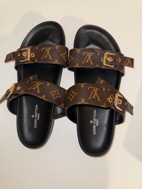 Brown Monogram Double-Buckle Slide Sandals